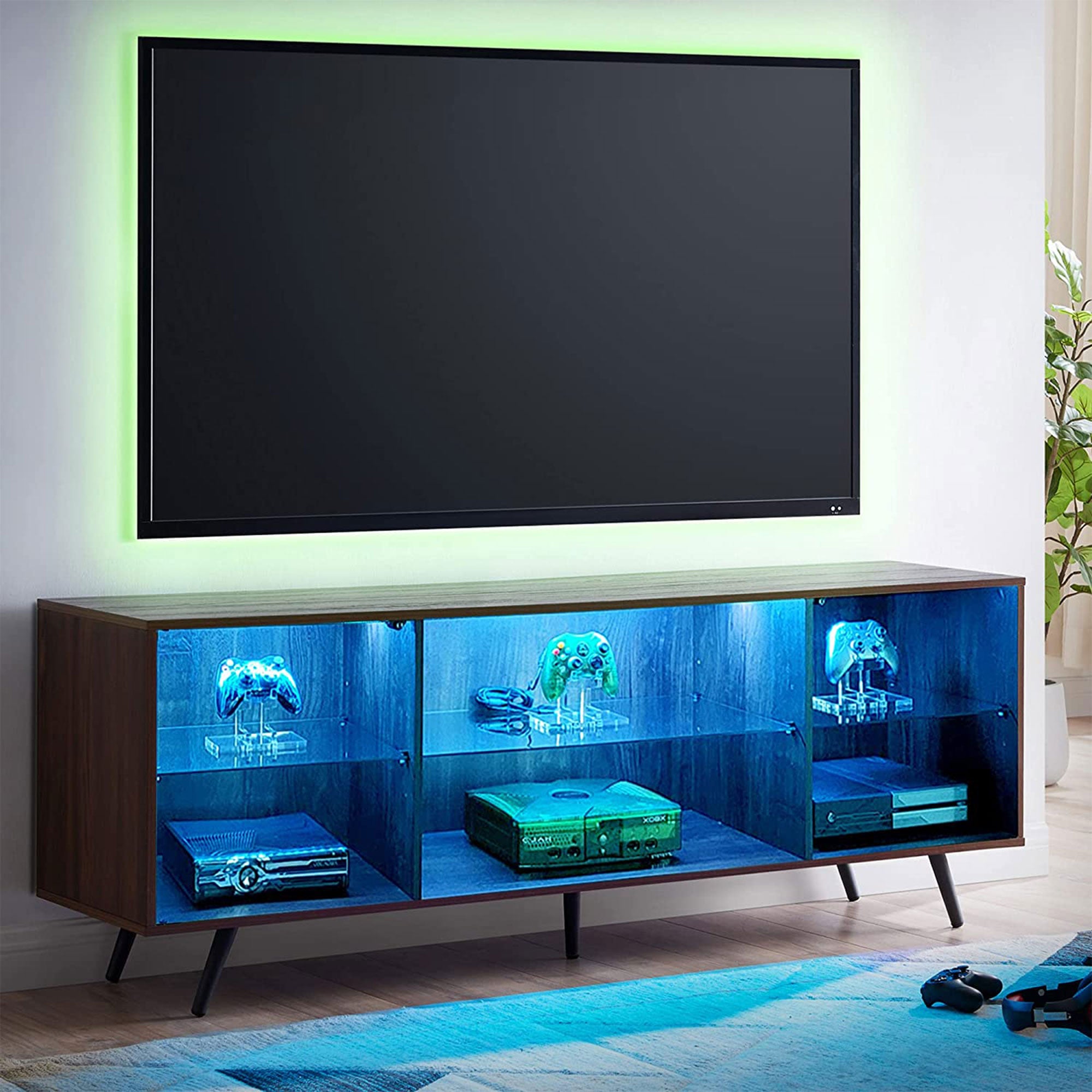 OKD 75 In TV Stand w/ Lights, Shelves & Magnetic Doors, Dark Walnut (For Parts) - VMInnovations