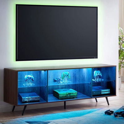 OKD 75 In TV Stand w/ Lights, Shelves & Magnetic Doors, Dark Walnut (For Parts) - VMInnovations