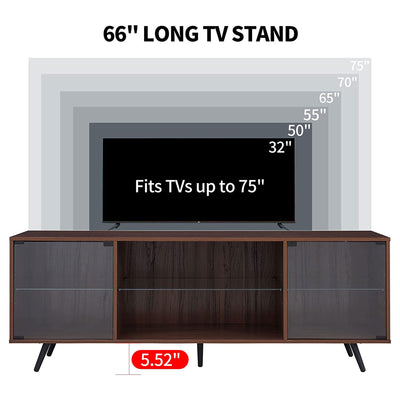 OKD Modern 75 Inch TV Stand w/ LED Lights, Shelves & Magnetic Doors, Dark Walnut