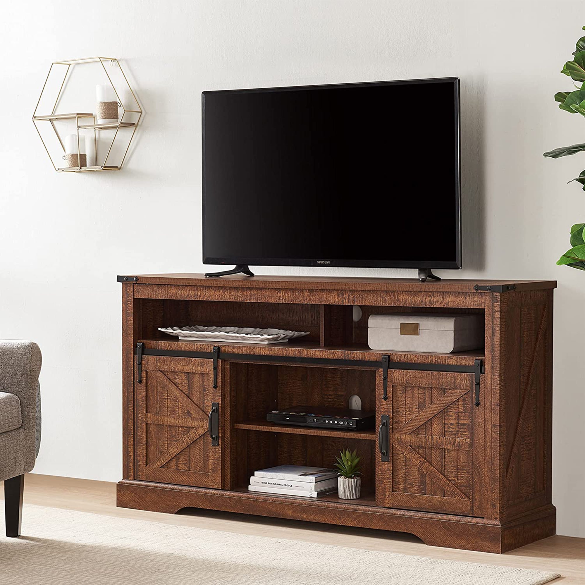 OKD 60" Sliding Barn Door Farmhouse Highboy TV Stand, Reclaimed Barnwood(Used) - VMInnovations