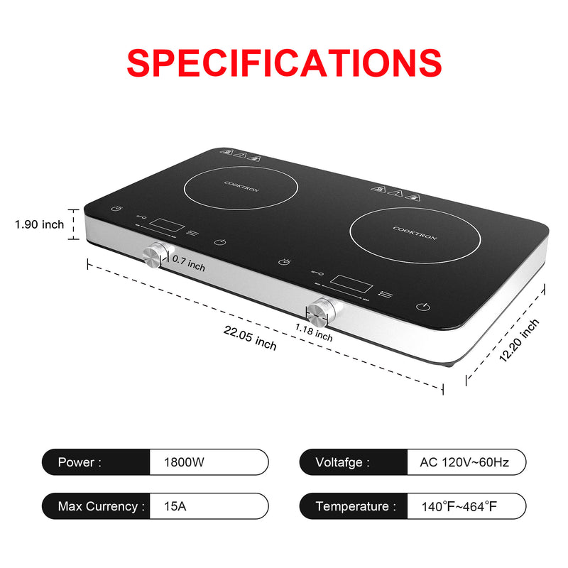 COOKTRON 1800W 120V Portable Double Burner Electric Cooktop w/Knobs (Open Box)