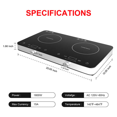 COOKTRON 1800W 120V Portable Double Burner Electric Cooktop w/Knobs (For Parts)