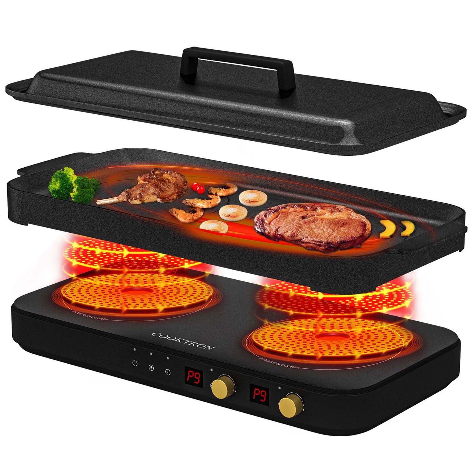 COOKTRON 1800W 230V Portable Double Burner Electric Cooktop w/Griddle (Open Box) - VMInnovations