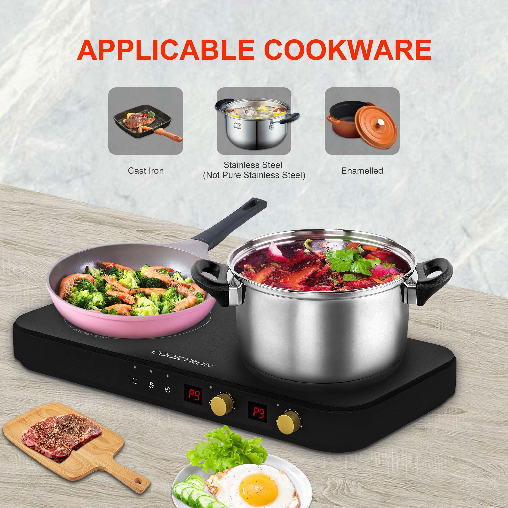 COOKTRON 1800W 230V Portable Double Burner Electric Induction Cooktop w/Griddle - VMInnovations