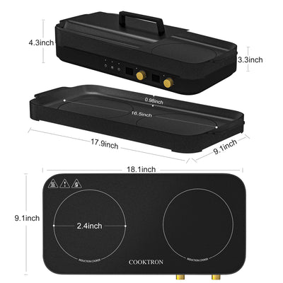 COOKTRON 1800W 230V Portable Double Burner Electric Induction Cooktop w/Griddle - VMInnovations