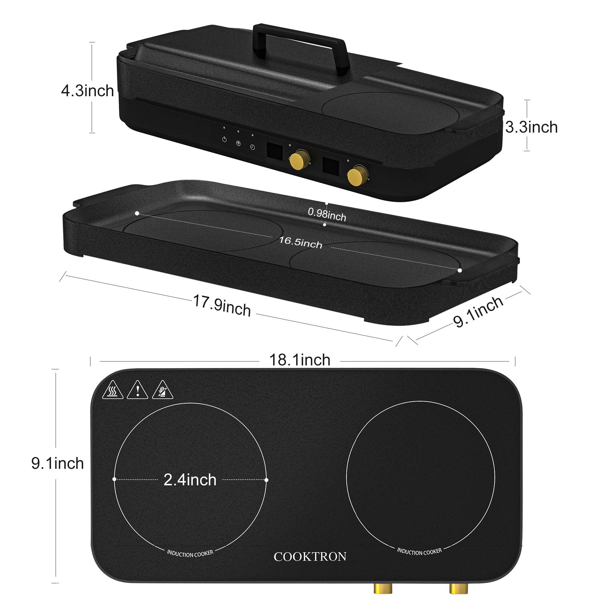 COOKTRON 1800W 230V Portable Double Burner Electric Induction Cooktop w/Griddle - VMInnovations