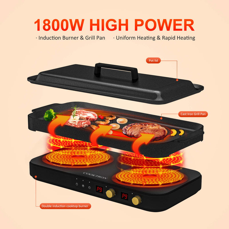 COOKTRON 1800W 230V Portable Double Burner Electric Cooktop w/Griddle (Open Box)