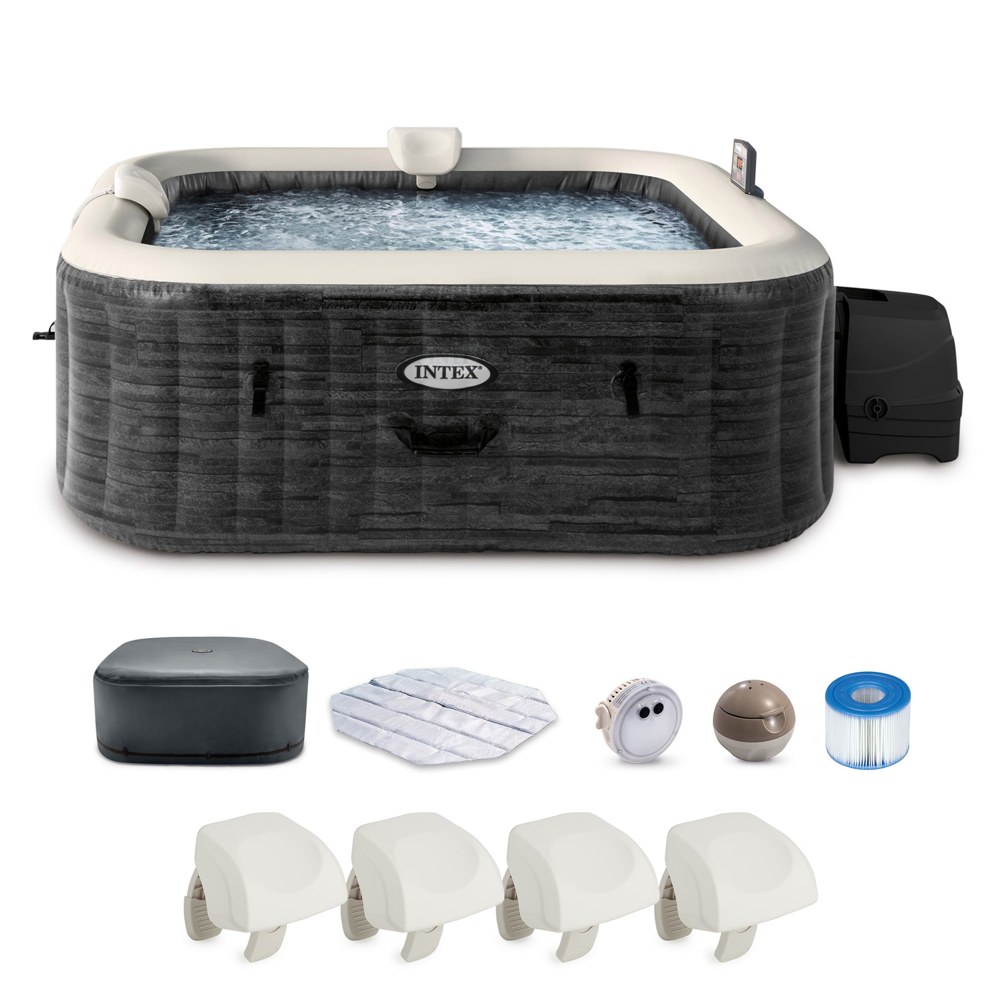 Intex PureSpa Plus Greystone Inflatable Hot Tub, 94x28", with 4 Headrest Pillows - VMInnovations