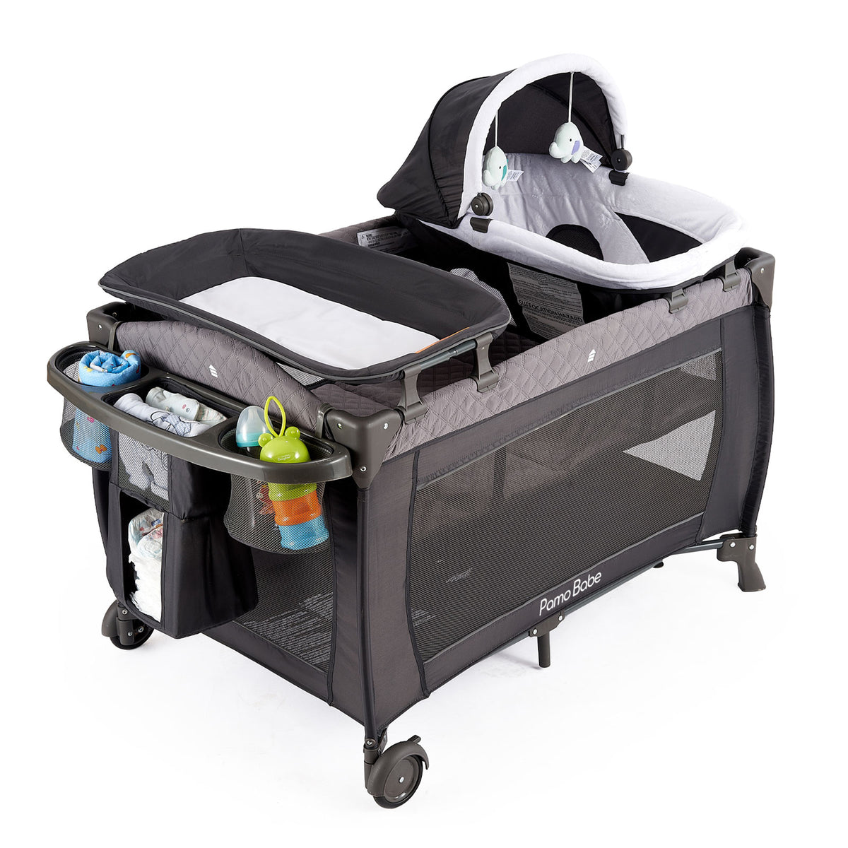 Pamo Babe Newborn Bassinet Nursery Center Play Yard Crib w/ Changing Table, Gray - VMInnovations