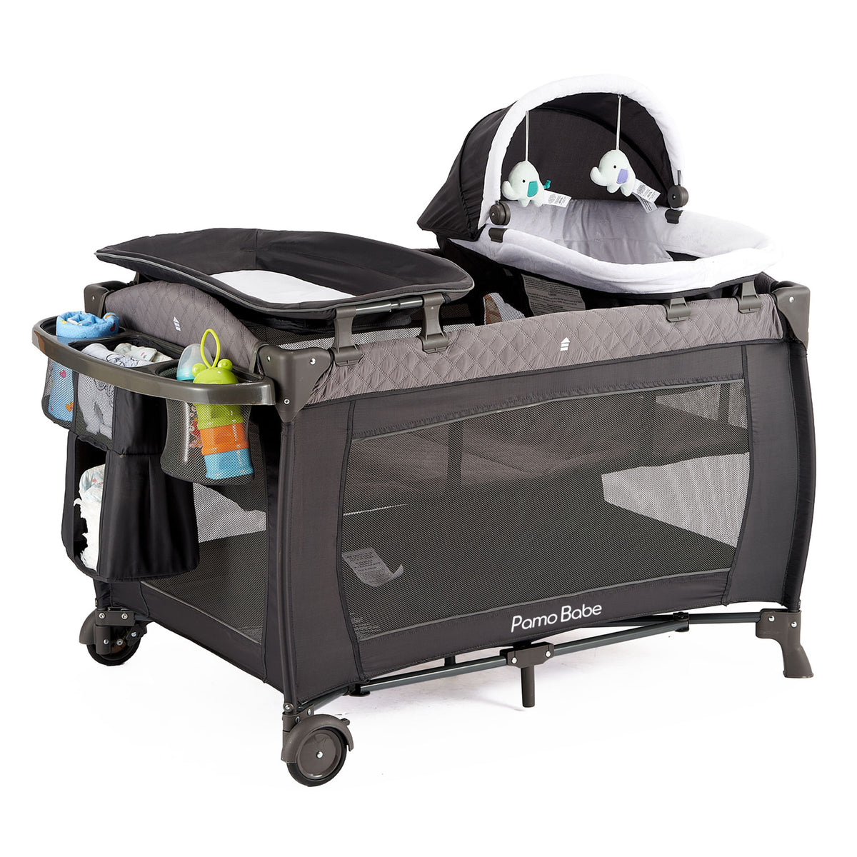 Pamo Babe Newborn Bassinet Nursery Center Play Yard Crib w/ Changing Table, Gray - VMInnovations