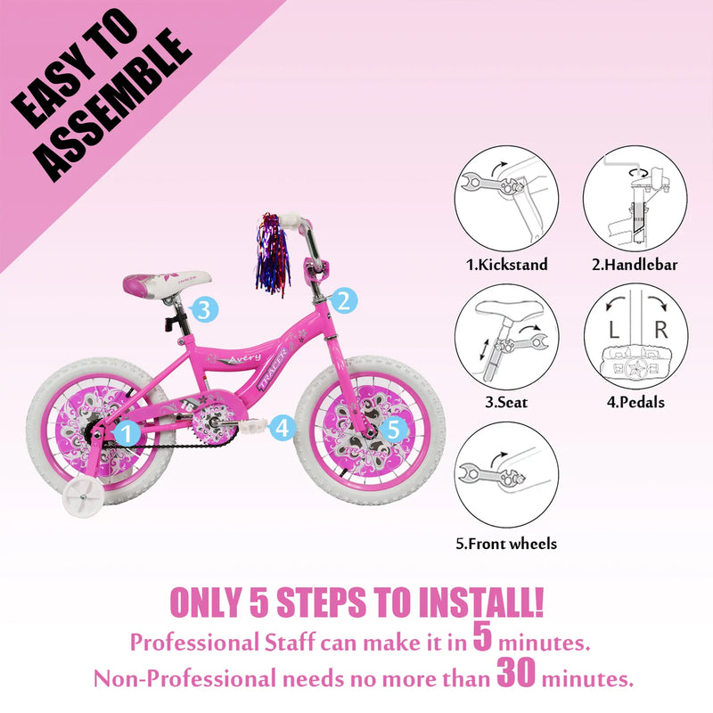 16 Inch Hi-Ten Steel Framed Kids Bicycle w/ Training Wheels, Pink (Open Box)