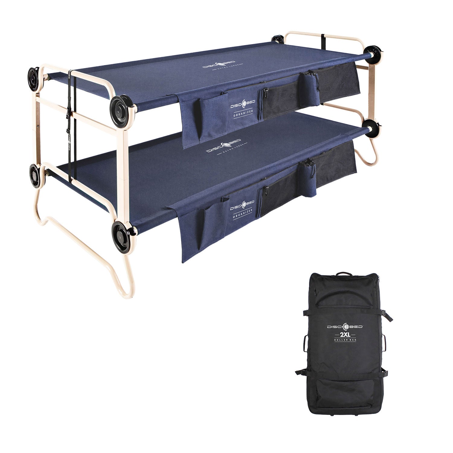 Disc-O-Bed XL Cam-O-Bunk Bunked Double Cot + 2XL Roller Wheel Duffel Bag - VMInnovations