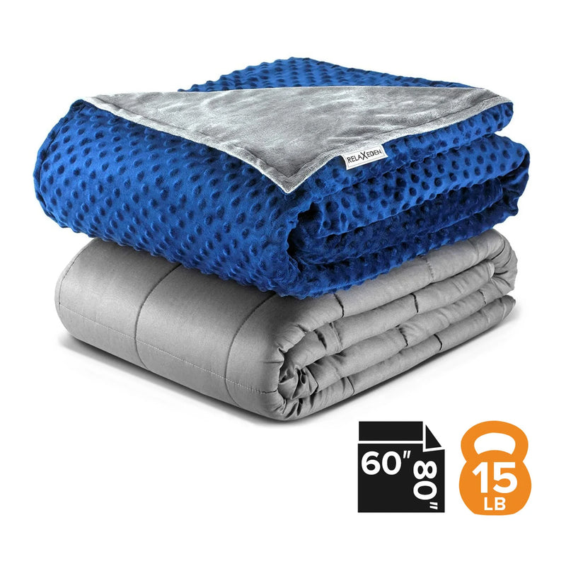 RELAX EDEN Adult Cotton Weighted Blanket w/ Navy Cover, 60 x 80 In, 15 Lb, Gray