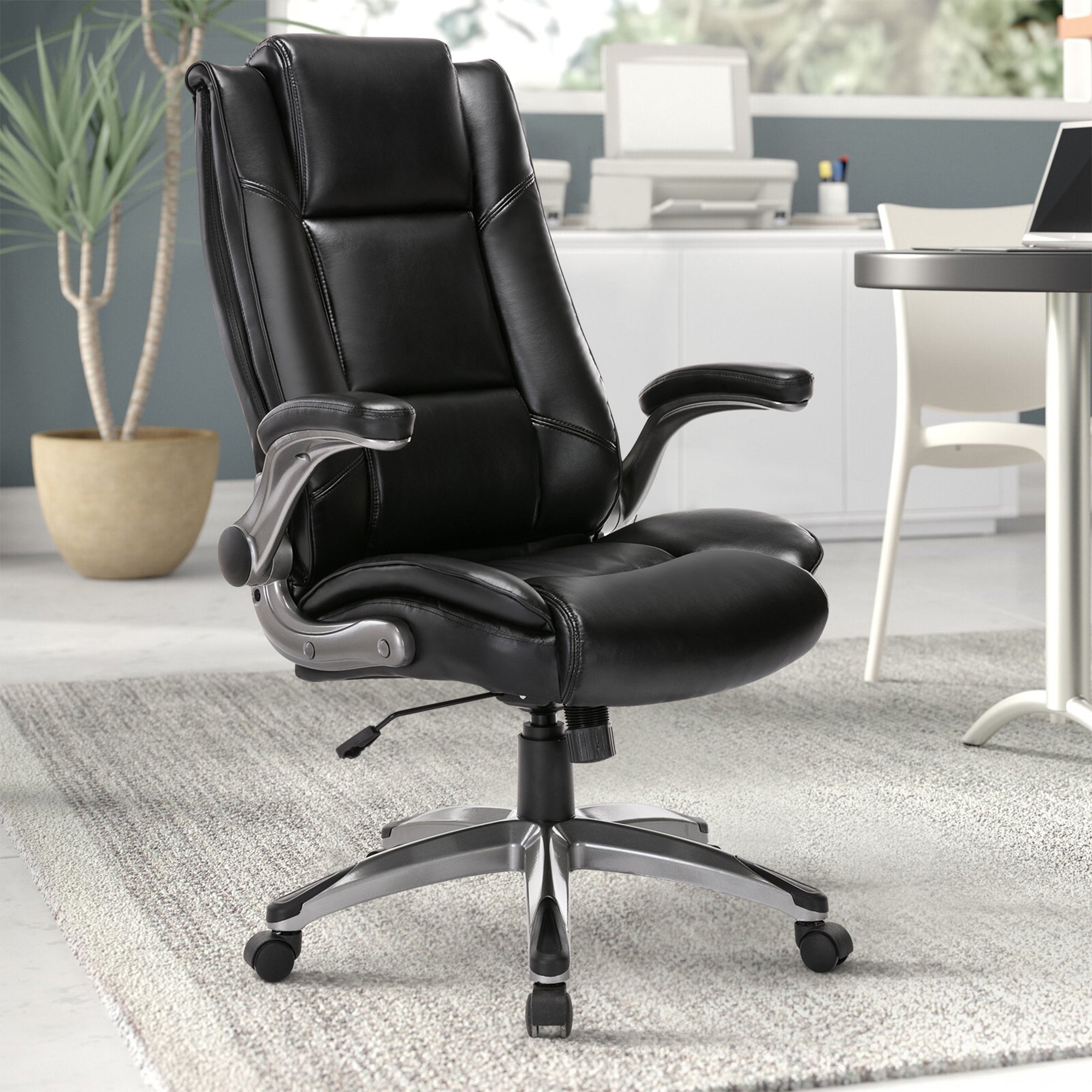 COLAMY High Back Leather Executive Office Chair w/ Flip Up Arms,Black (Open Box) - VMInnovations