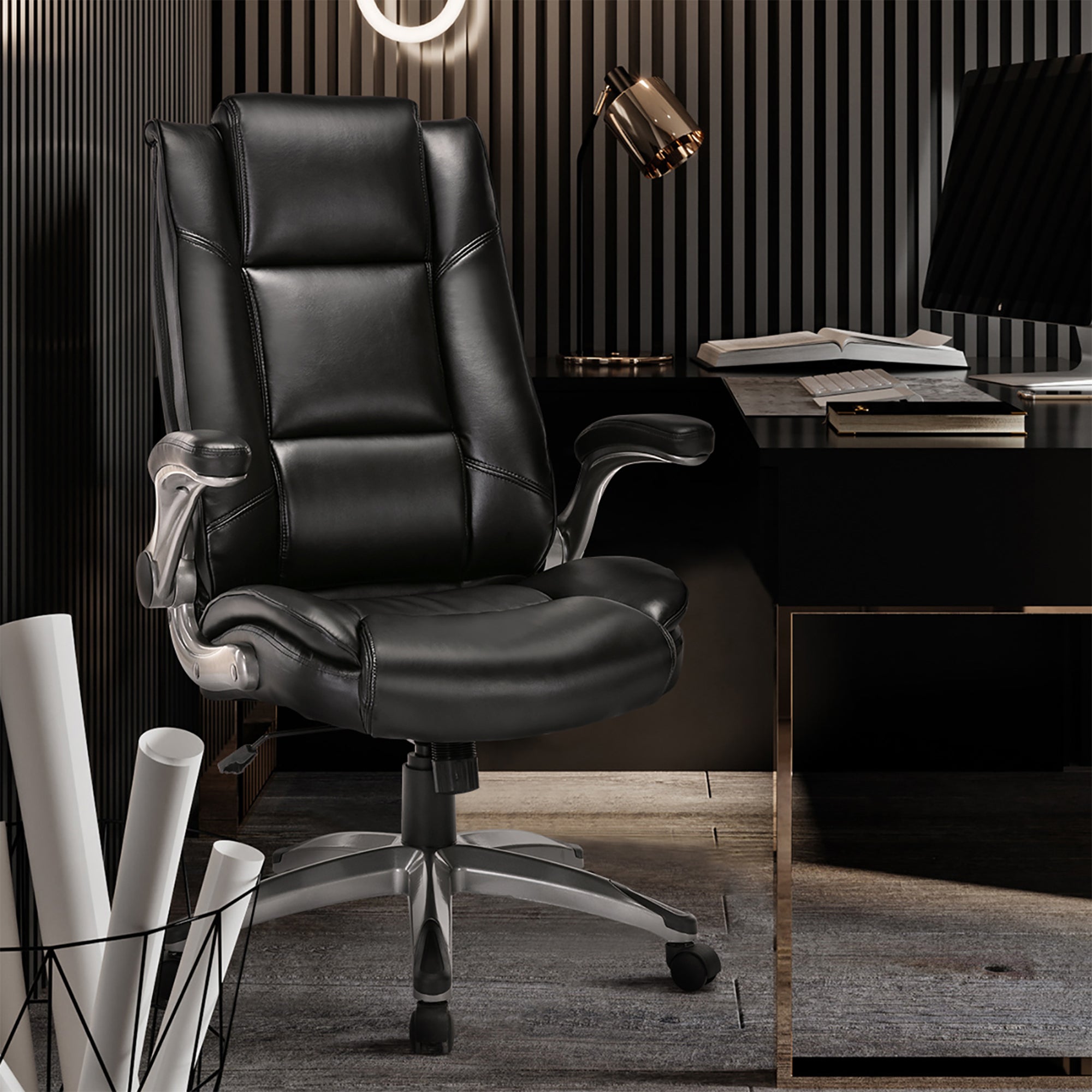 COLAMY High Back Leather Executive Office Chair w/ Flip Up Arms,Black (Open Box) - VMInnovations