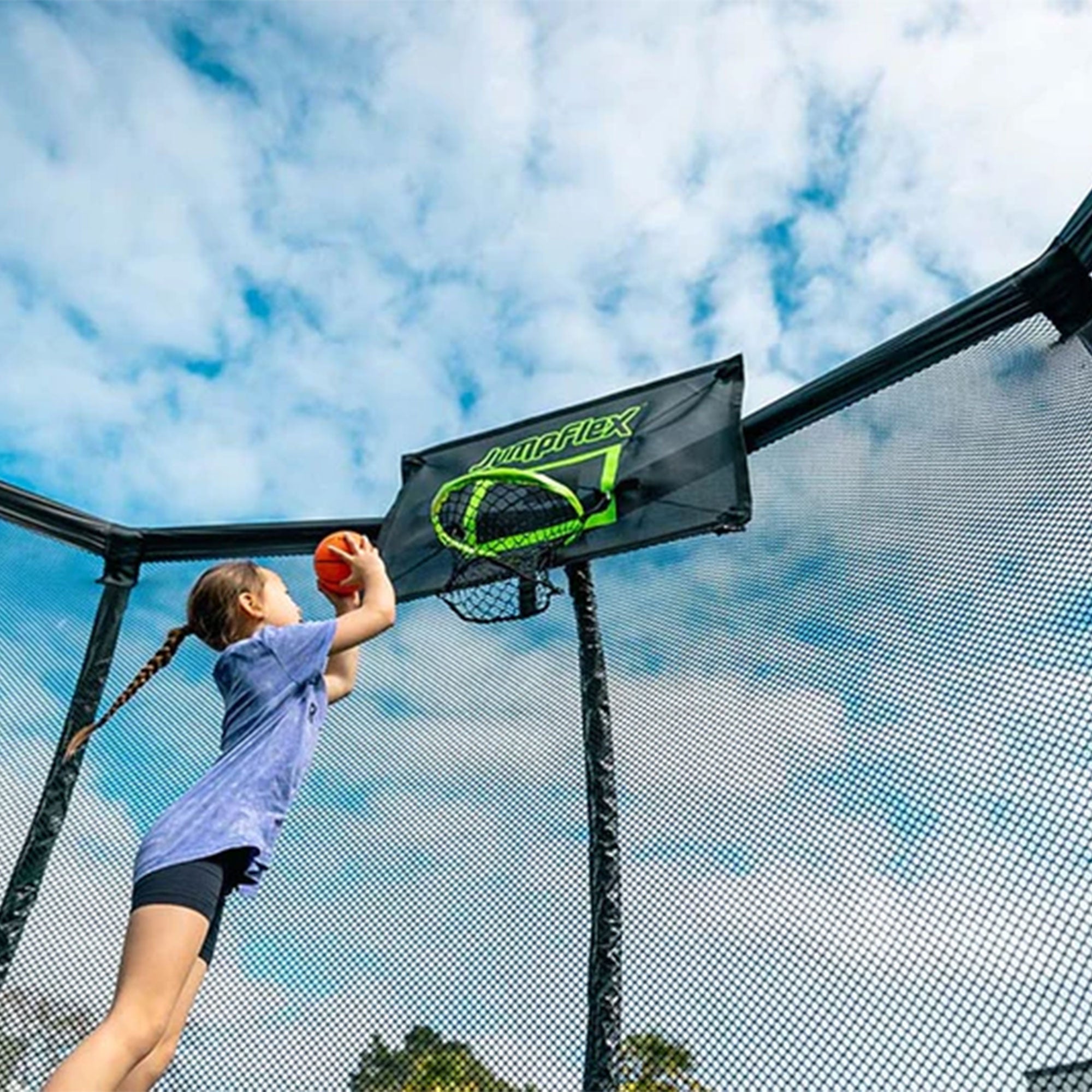 JumpFlex HERO 10' Trampoline w Basketball Hoop, Safety Enclosure, Net Attachment