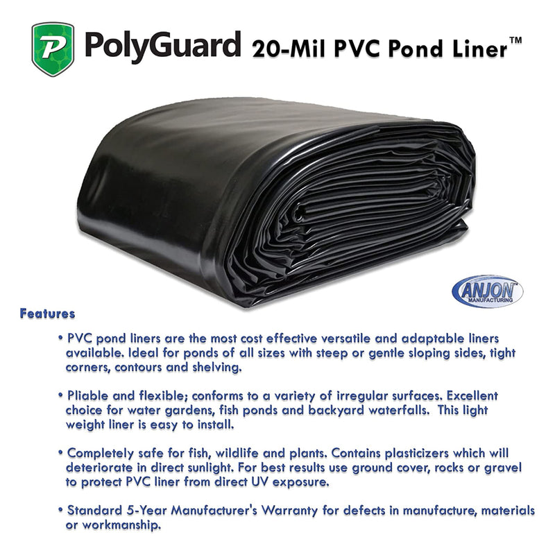 PolyGuard 20 x 20 Foot 20 Mil PVC Pond Liner for Fish Ponds and Water Gardens