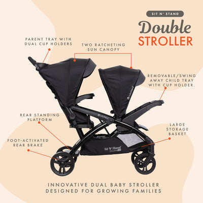 Sit N' Stand Double Stroller 2.0 DLX w/5 Point Safety Harness, Stormy (Used)