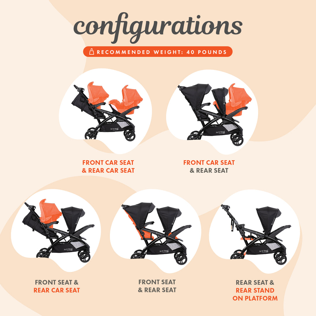 Sit N' Stand Double Stroller 2.0 DLX w/5 Point Safety Harness, Stormy (Open Box)