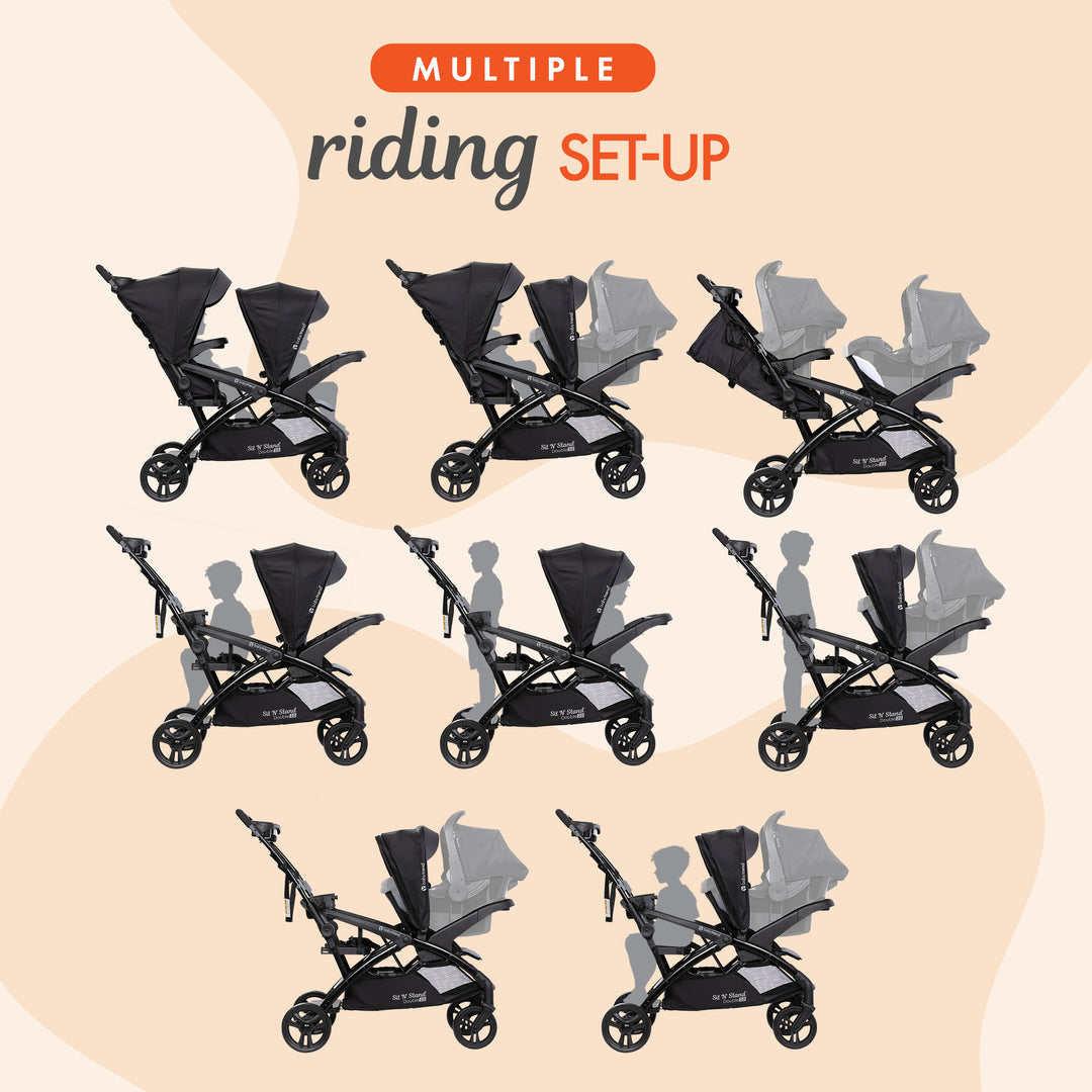 Sit N' Stand Double Stroller 2.0 DLX w/5 Point Safety Harness, Stormy (Open Box)