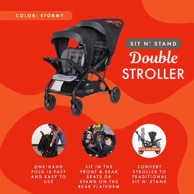 Sit N' Stand Double Stroller 2.0 DLX w/5 Point Safety Harness, Stormy (Used)