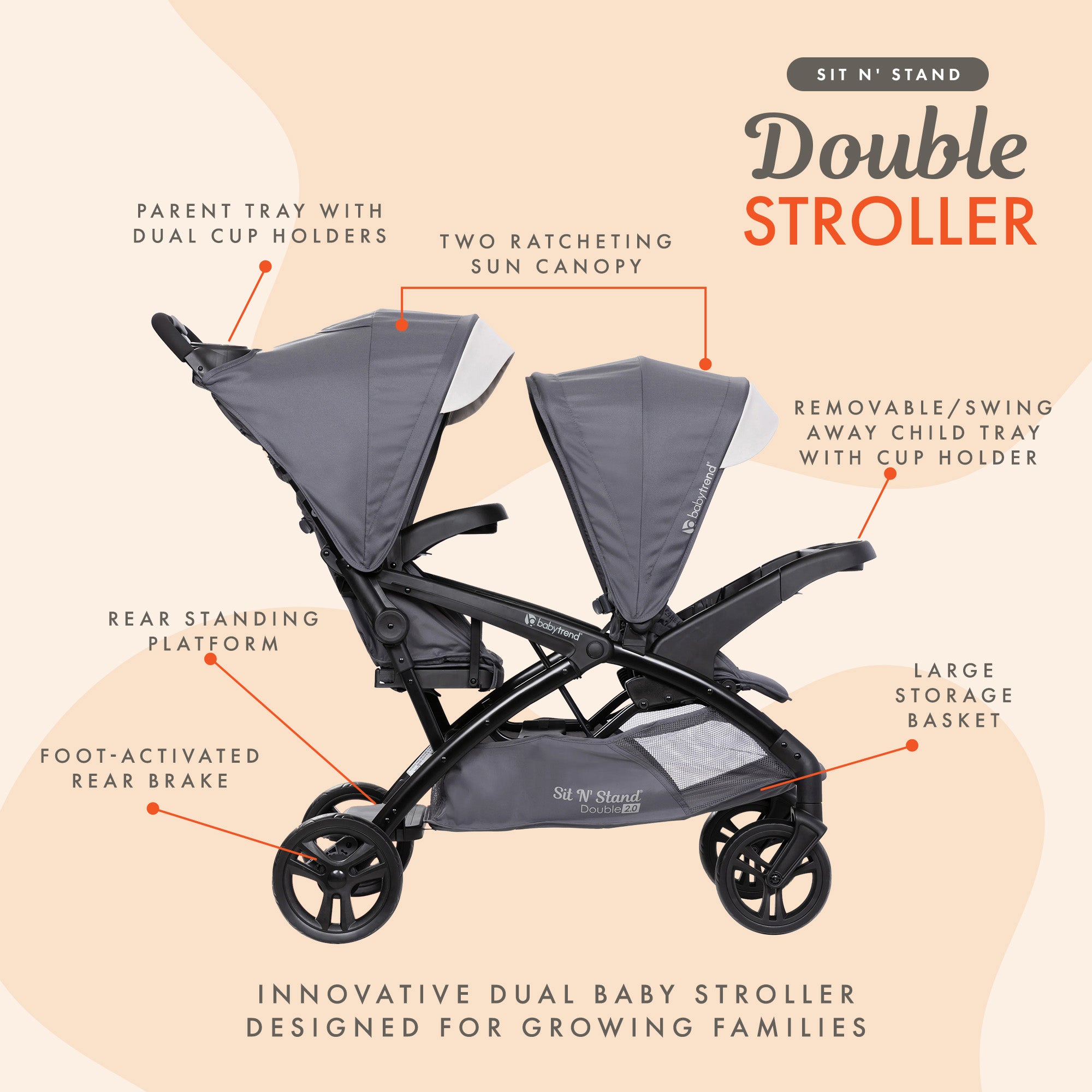 Baby Trend Sit N' Stand Double Stroller w/5 Point Harness, Magnolia (Open Box)
