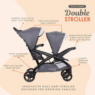 Baby Trend Sit N' Stand Double Stroller w/5 Point Harness, Magnolia (Open Box) - VMInnovations