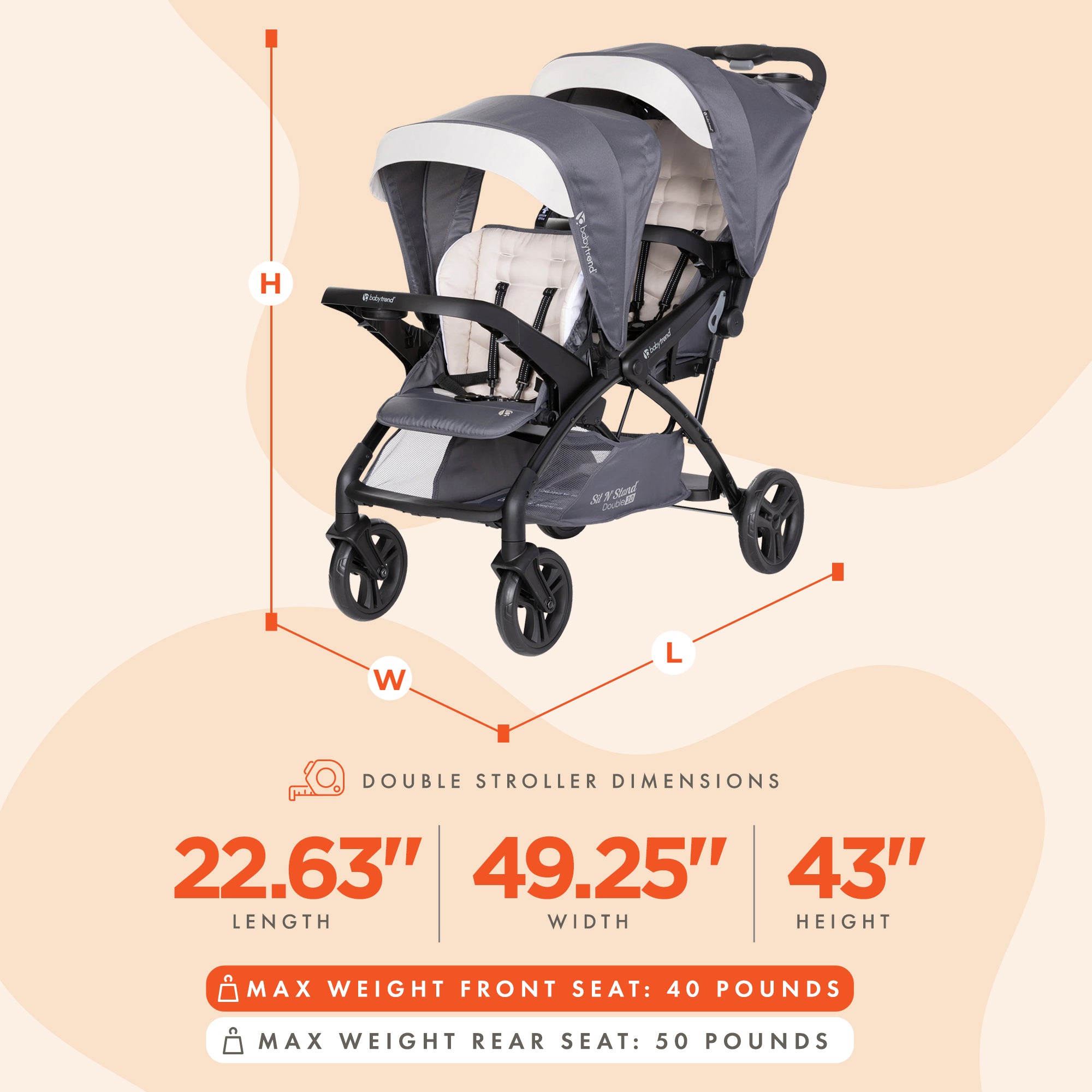Baby Trend Sit N' Stand Double Stroller w/5 Point Harness, Magnolia (Open Box) - VMInnovations