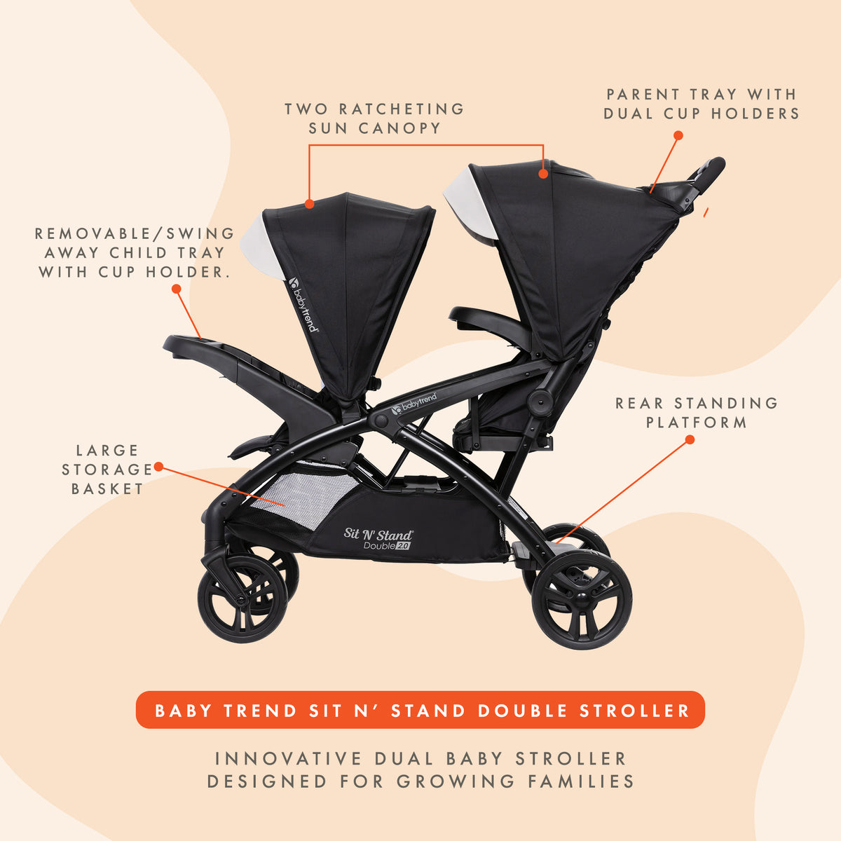 Baby Trend Sit N' Stand Double Stroller 2.0 DLX w/5 Point Harness, Modern Khaki