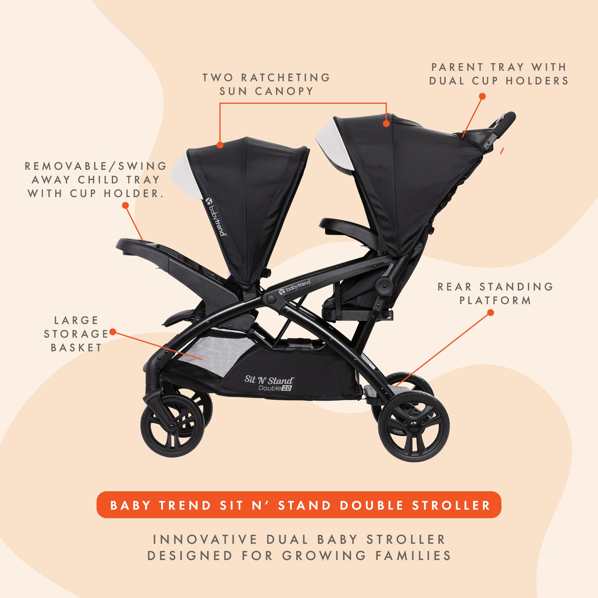 Baby Trend Sit N' Stand Double Stroller 2.0 DLX,  Modern Khaki (Open Box)