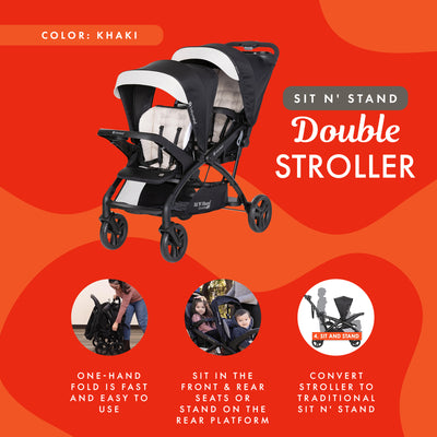 Baby Trend Sit N' Stand Double Stroller w/5 Point Harness, Modern Khaki (Used) - VMInnovations