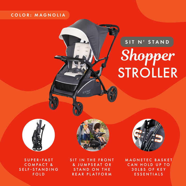 Baby Trend Sit N' Stand 5 in 1 Shopper Stroller with Canopy and Basket, Magnolia