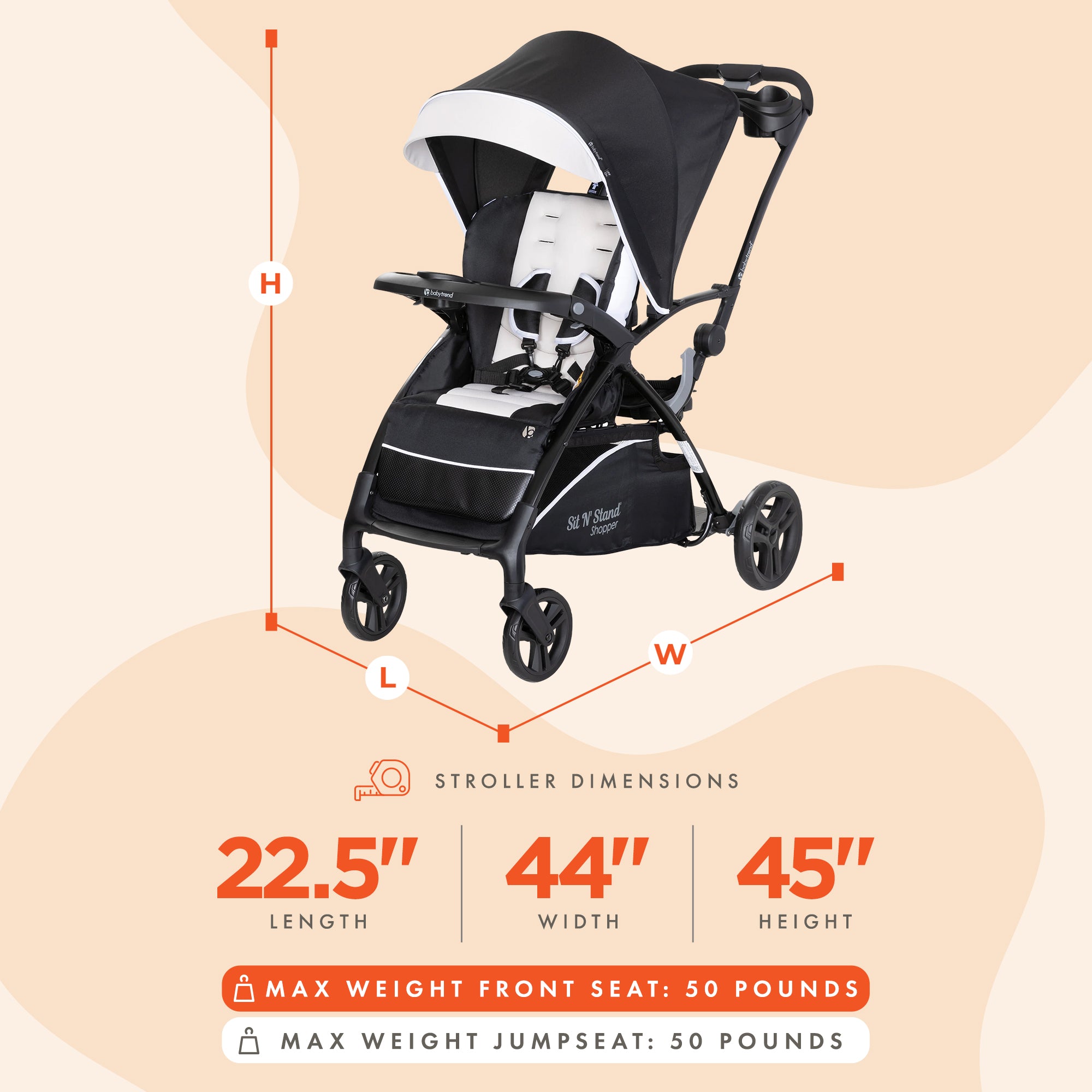 Sit N' Stand 5 in 1 Shopper Stroller w/Canopy & Basket, Modern Khaki (Open Box)