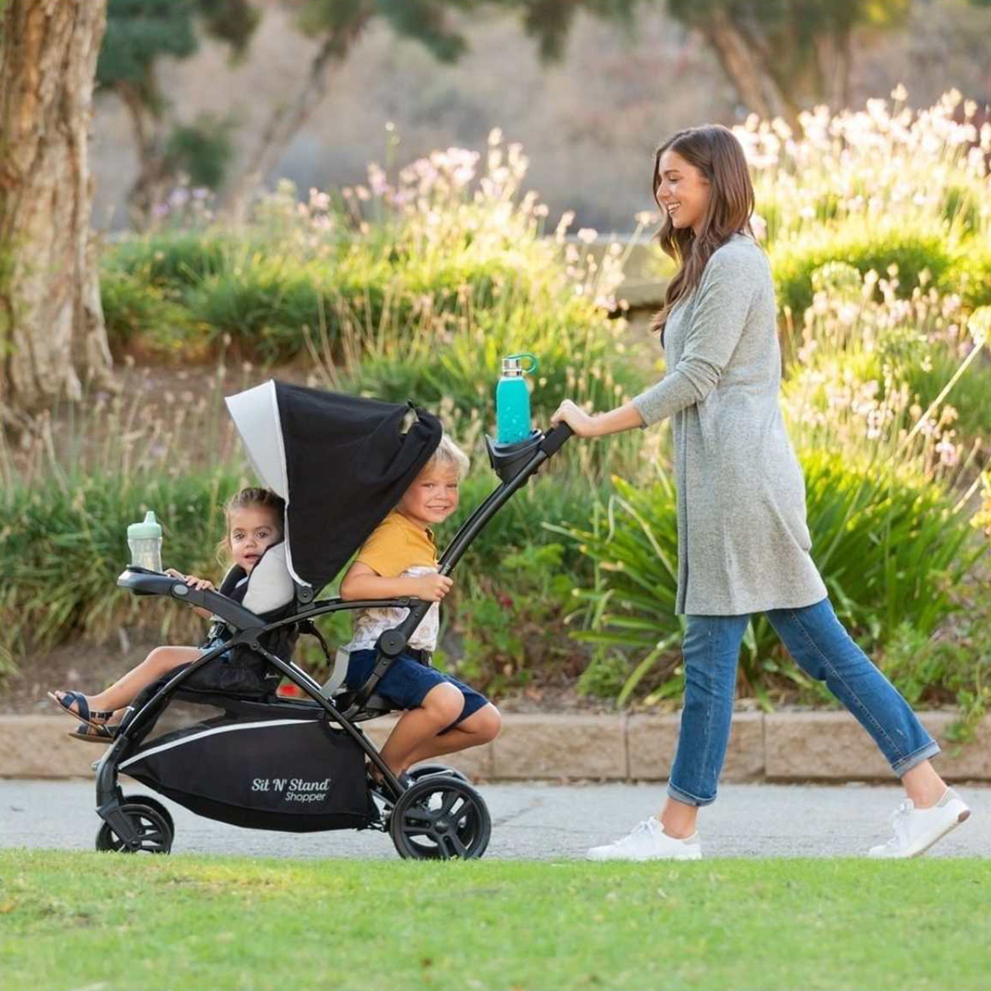 Sit N' Stand 5 in 1 Shopper Stroller w/Canopy & Basket, Modern Khaki (Open Box) - VMInnovations