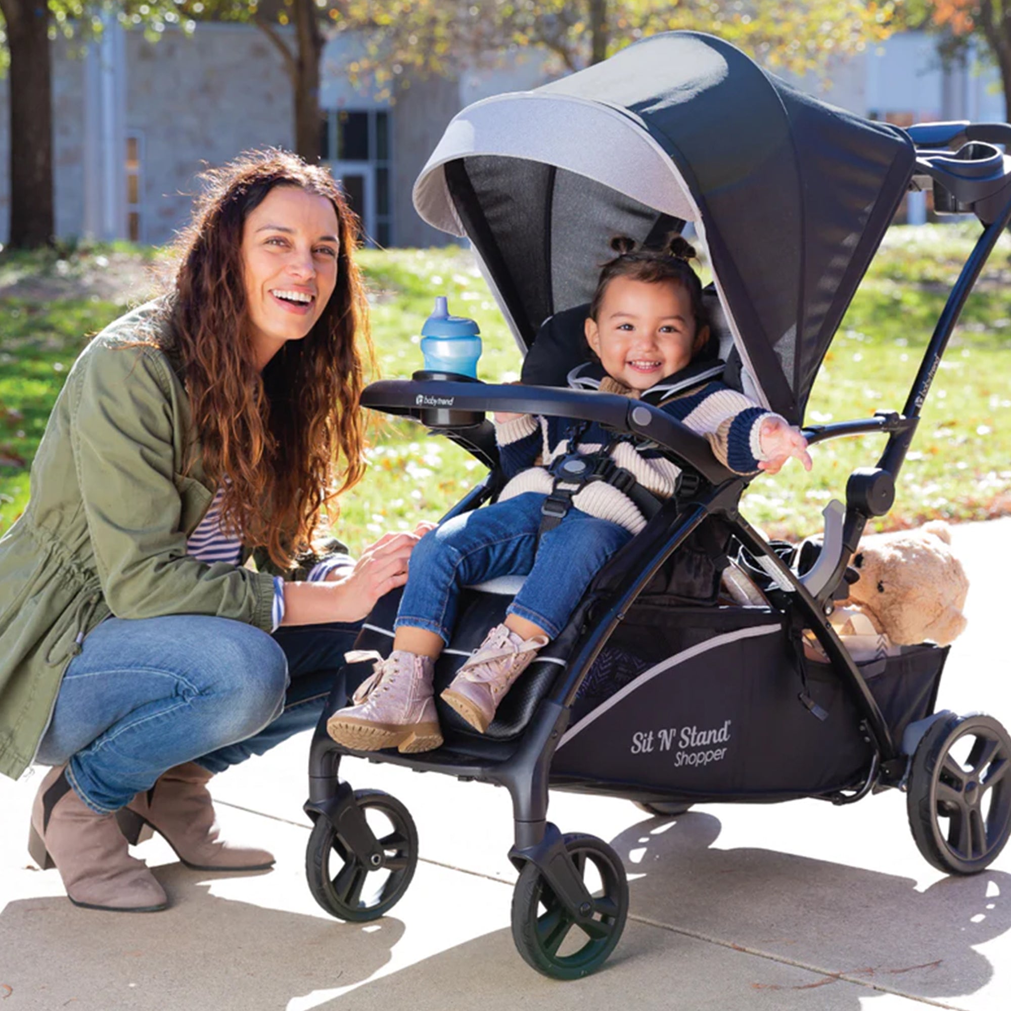 Sit N' Stand 5 in 1 Shopper Stroller w/Canopy & Basket, Modern Khaki (Open Box) - VMInnovations