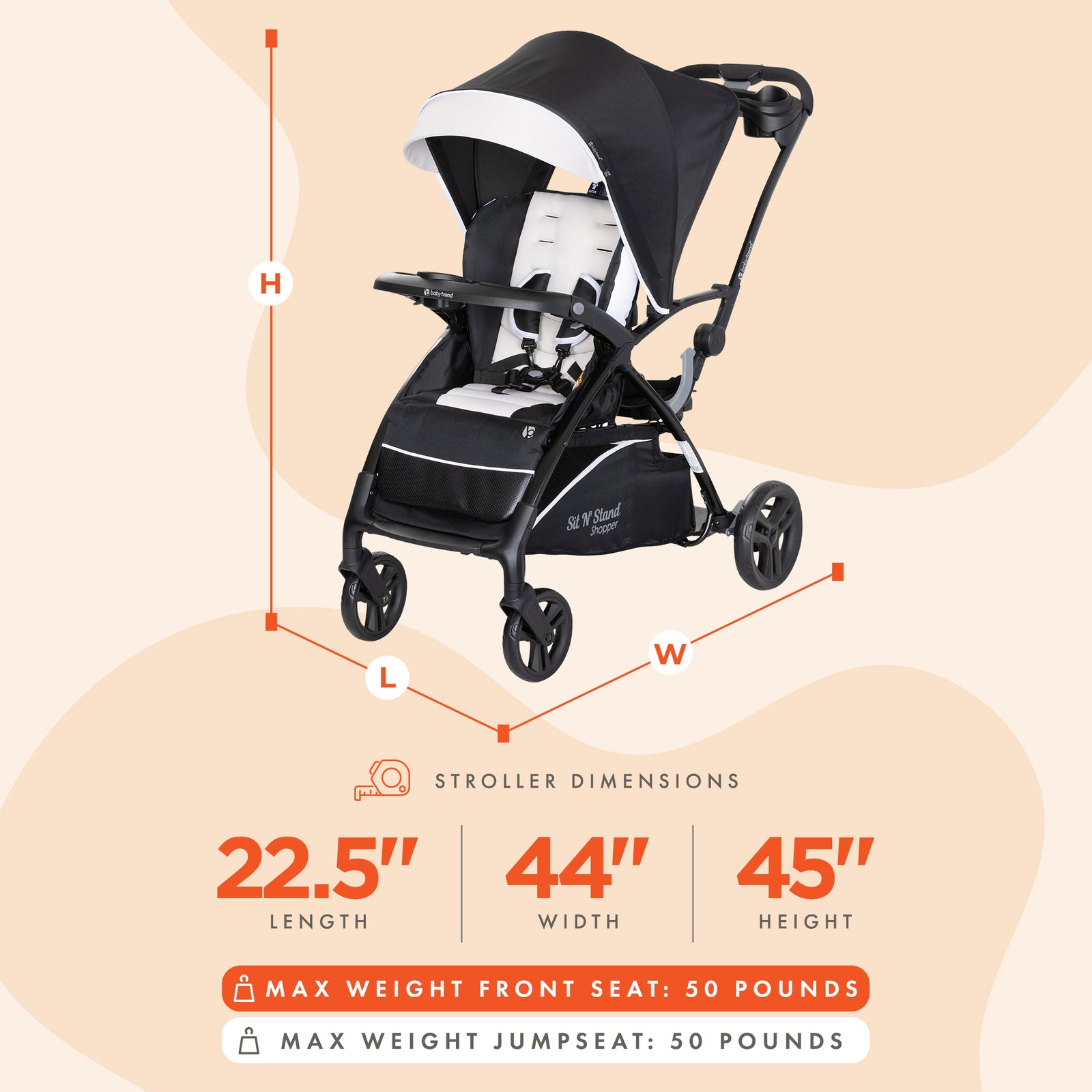 Baby Trend Sit N' Stand 5 in 1 Shopper Stroller w/Canopy & Basket, Khaki (Used) - VMInnovations