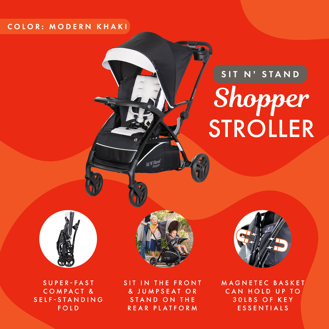 Baby Trend Sit N' Stand 5 in 1 Shopper Stroller w/Canopy & Basket, Modern Khaki