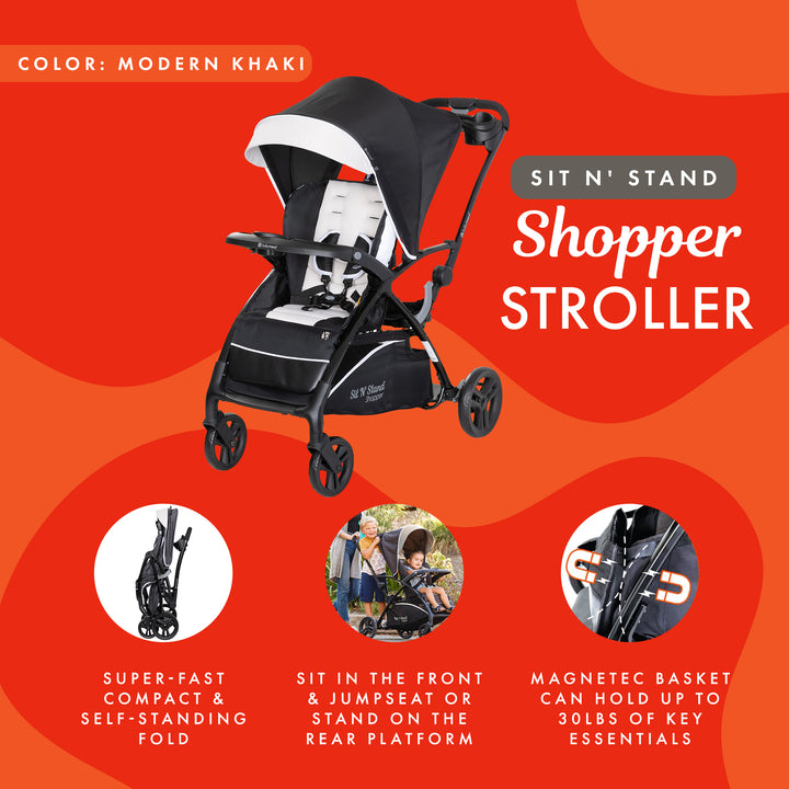 Baby Trend Sit N' Stand 5 in 1 Shopper Stroller w/Canopy & Basket, Modern Khaki - VMInnovations
