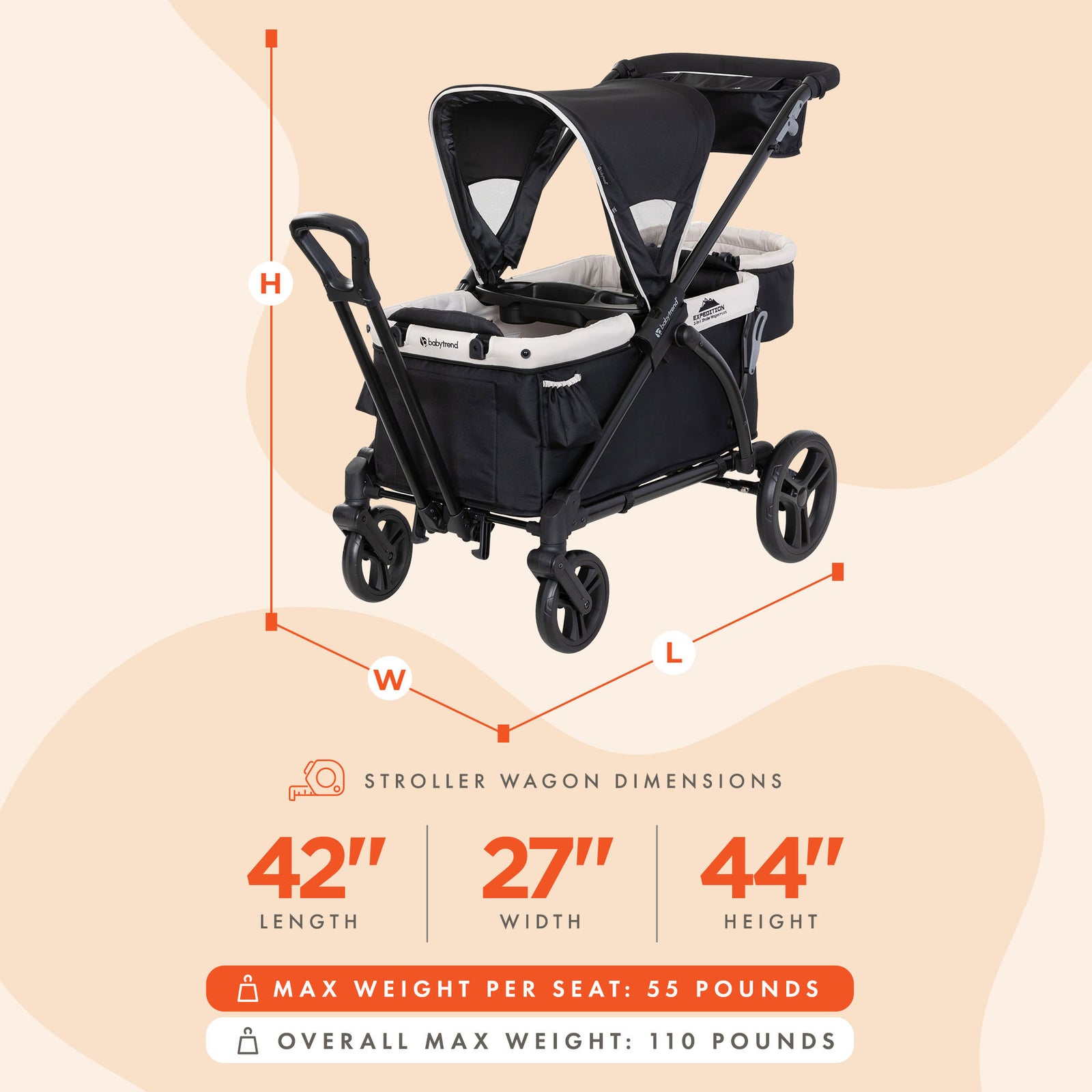 Baby Trend Expedition 2n1 Stroller Wagon w/Canopy & Basket, Modern Khaki (Used) - VMInnovations