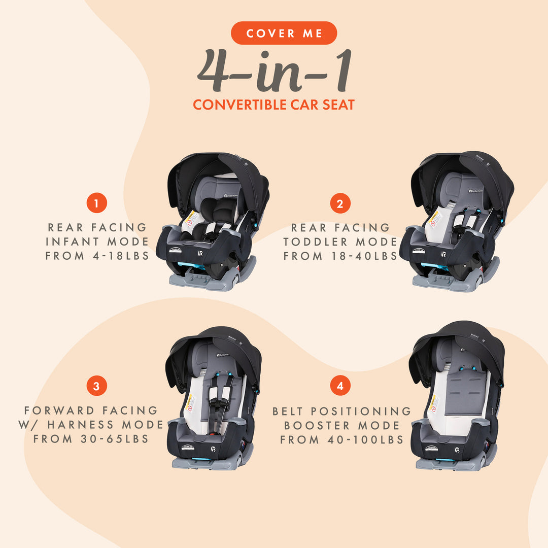 Baby Trend Cover Me 4 in 1 Convertible Car Seat with Adjustable Canopy, Black - VMInnovations