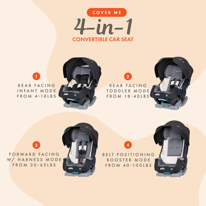 Baby Trend Cover Me 4 in 1 Convertible Car Seat with Adjustable Canopy, Black - VMInnovations