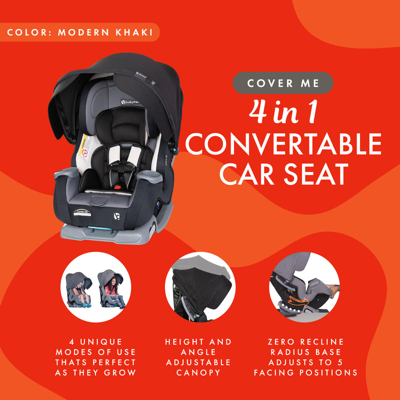 Baby Trend Cover Me 4 in 1 Convertible Car Seat, Adjustable Canopy, Modern Khaki