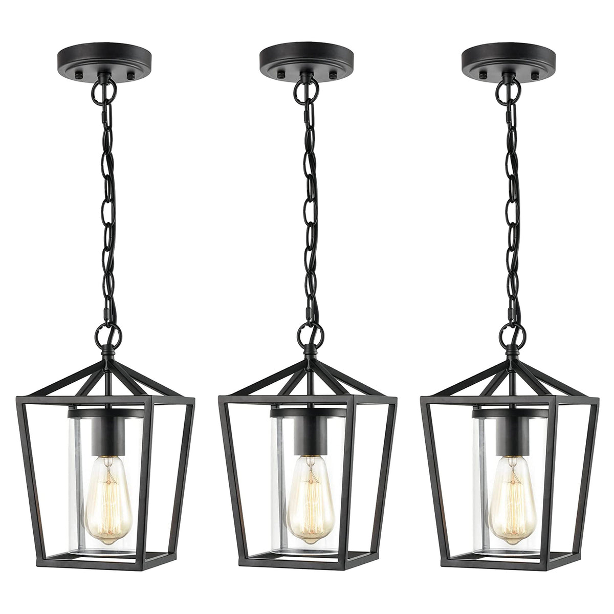 JEENKAE Modern Farmhouse Hanging Kitchen Lantern Lamp with Chain, Black (3 Pack)