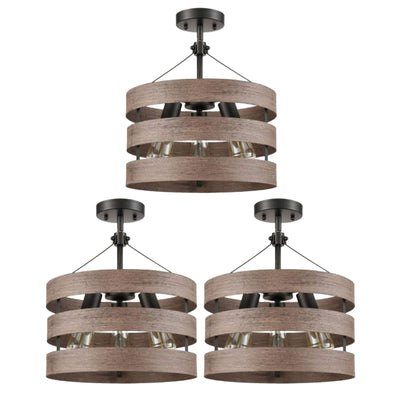 HOLKIRT Modern Farmhouse Metal Drum Hanging Kitchen Pendant, Wood Grain (3 Pack) - VMInnovations