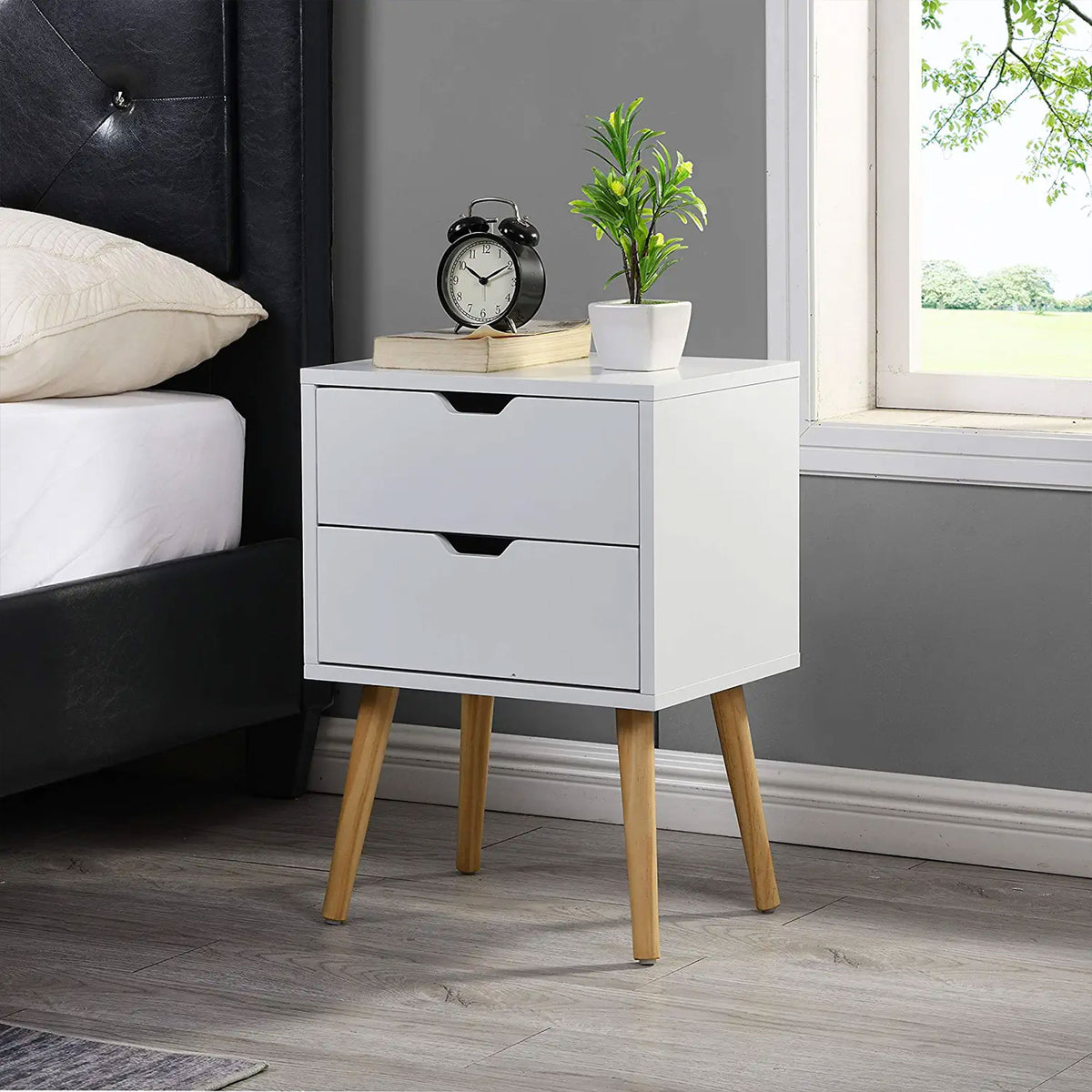 Modern Wooden Nightstand End Side Table with 2 Storage Drawers, White (Open Box) - VMInnovations