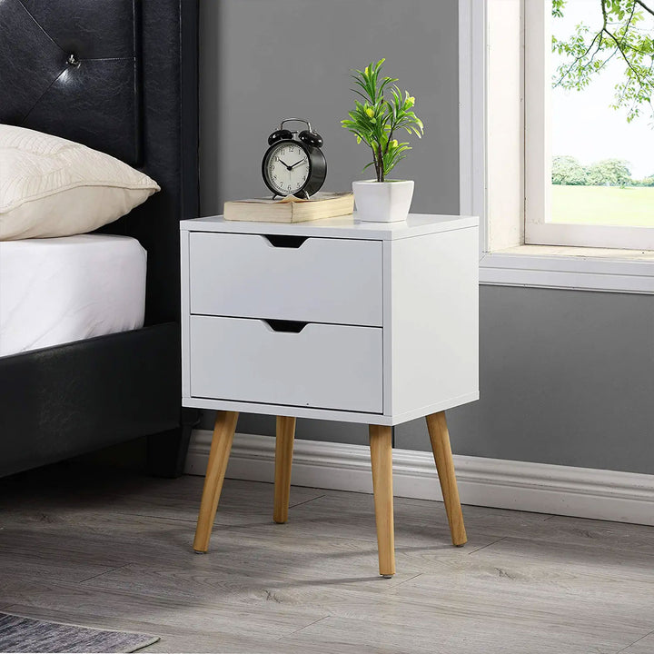 Sweetgo Modern Wooden Nightstand End Side Table with 2 Storage Drawers, White