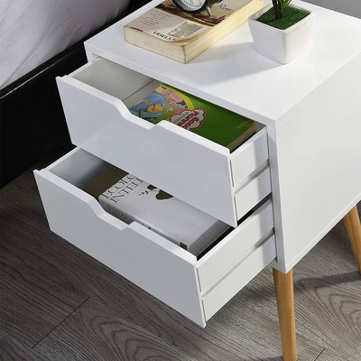 Modern Wooden Nightstand End Side Table with 2 Storage Drawers, White (Open Box) - VMInnovations