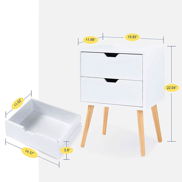 Sweetgo Modern Wooden Nightstand End Side Table with 2 Storage Drawers, White