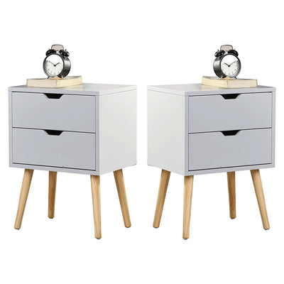 Modern Wooden Nightstand Table w/ 2 Storage Drawers, White, Set of 2 (For Parts)