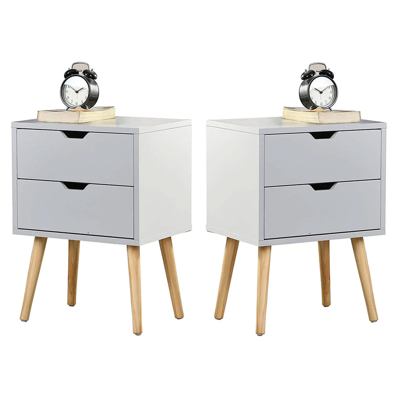 Modern Wooden Nightstand Table w/ 2 Storage Drawers, White, Set of 2 (For Parts)